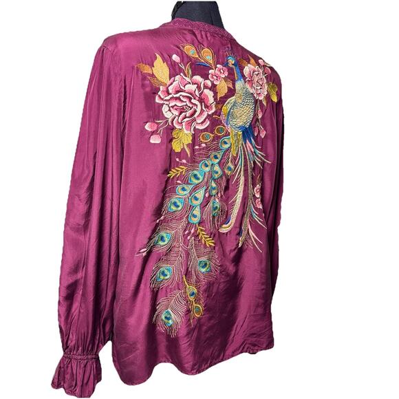 Johnny Was Workshop XL Purple Silk Peacock Quito Blouse Embroidery Button V Neck - Picture 4 of 12